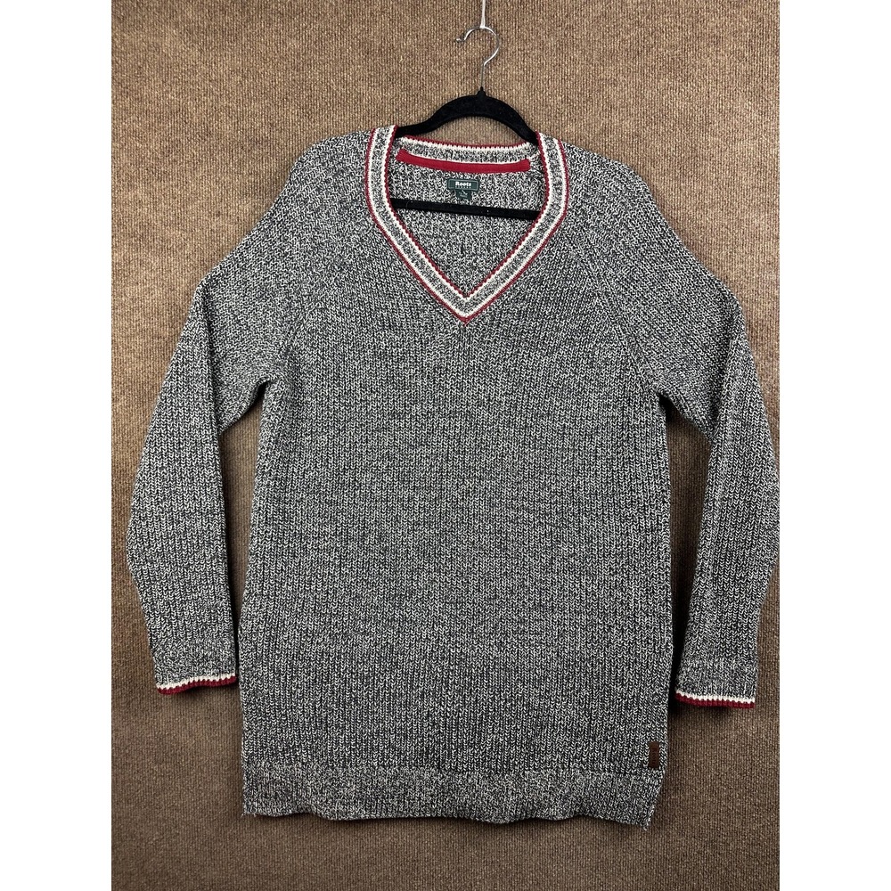 Roots Canada Sweater Mens XL Gray V-Neck Pullover Chunky-Knit Logo Casual